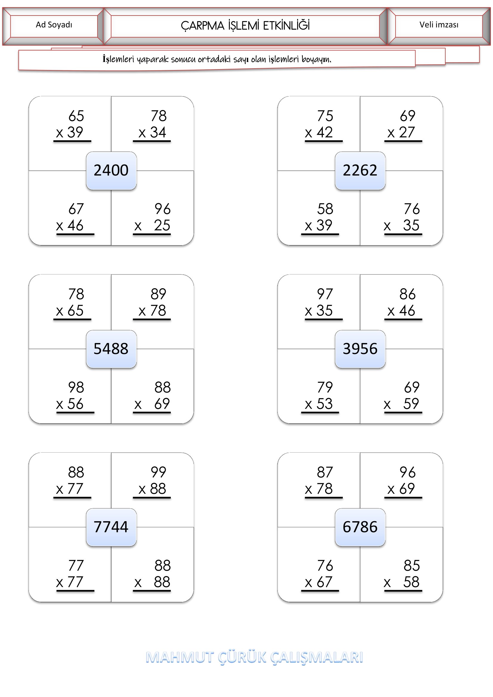 4. Sınıf Matematik Çarpma İşlemi Etkinliği-2
