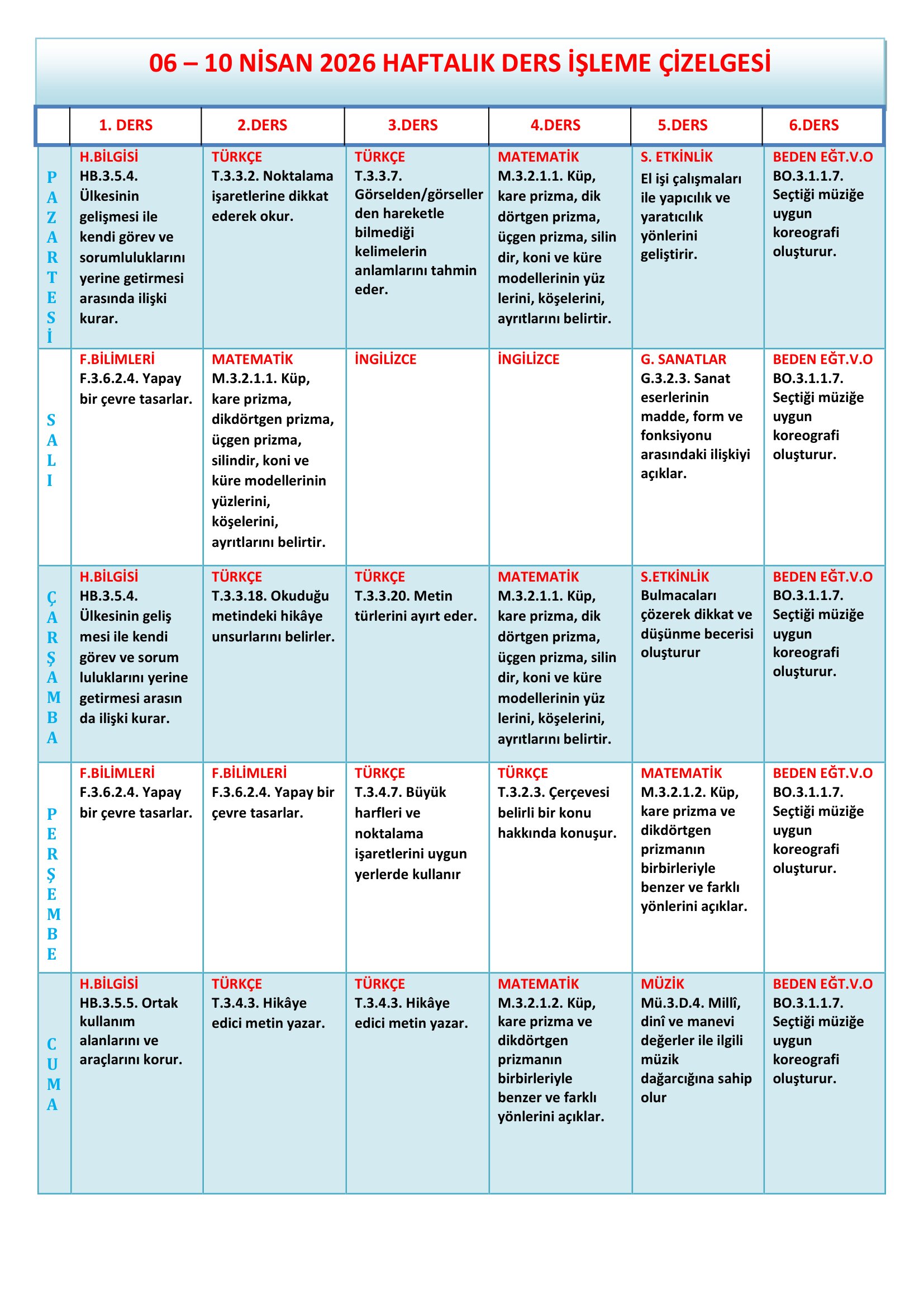 3. Sınıf 06 - 10 Nisan 2026 Haftalık Ders İşleme Çizelgesi.doc