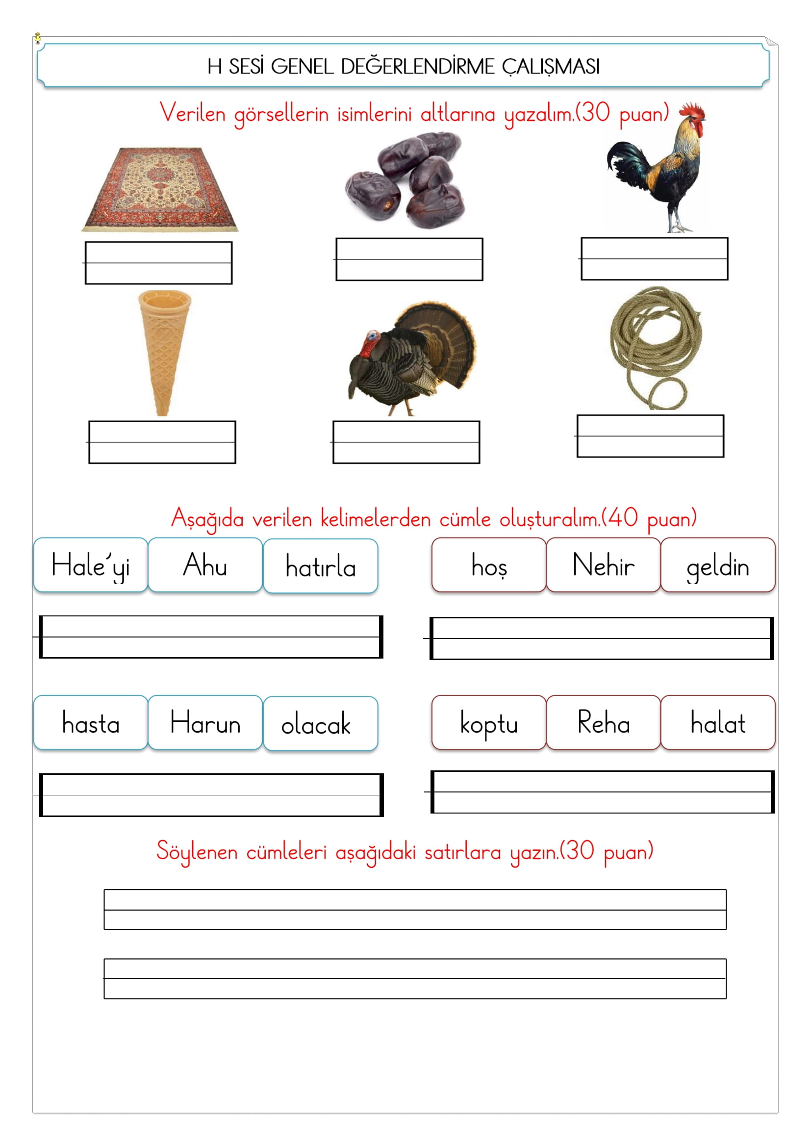 1. Sınıf İlk Okuma Yazma H Sesi Değerlendirme Çalışması 1