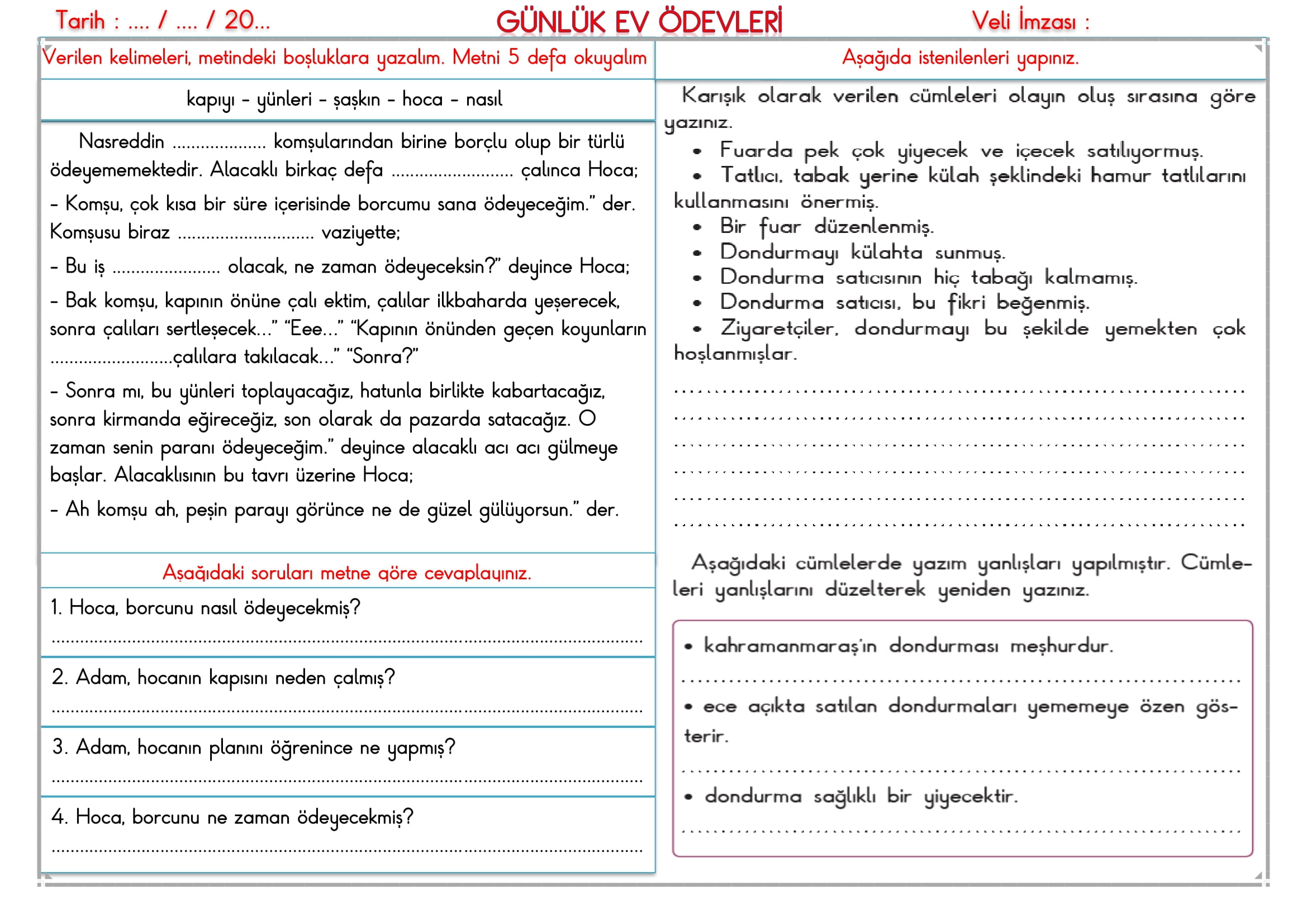 2. Sınıf - 07 Ocak 2026 Günlük Ev Ödevleri