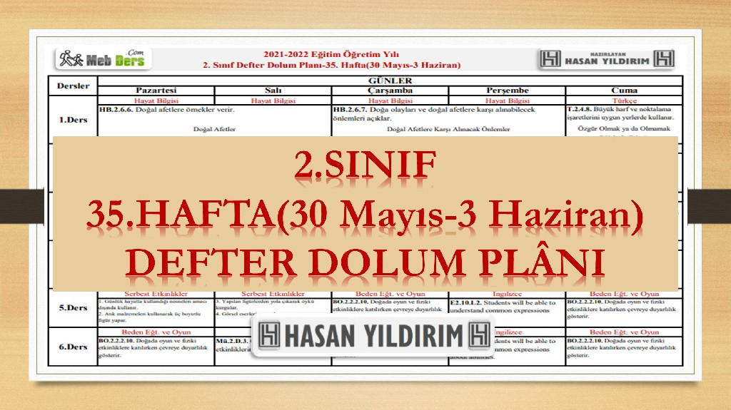 2. Sınıf 35.Hafta(30 Mayıs-3 Haziran) Defter Dolum Planı
