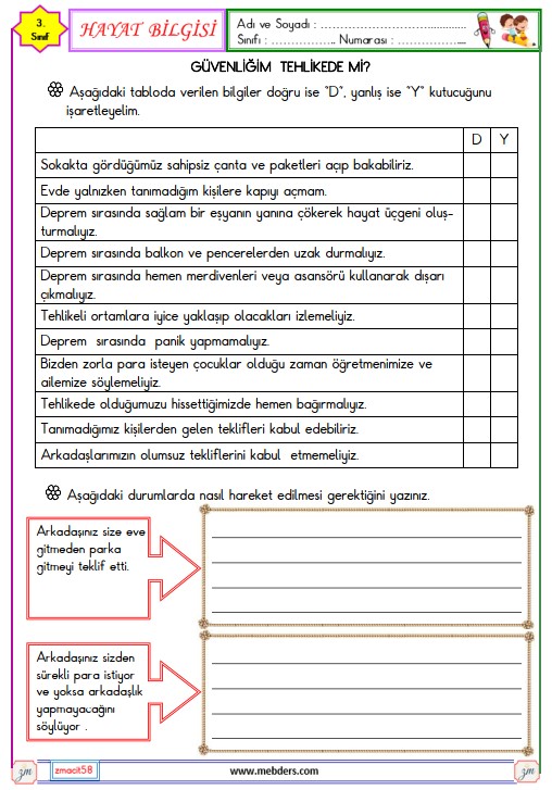3. Sınıf Hayat Bilgisi Güvenliğim Tehlikede mi? Etkinliği 3