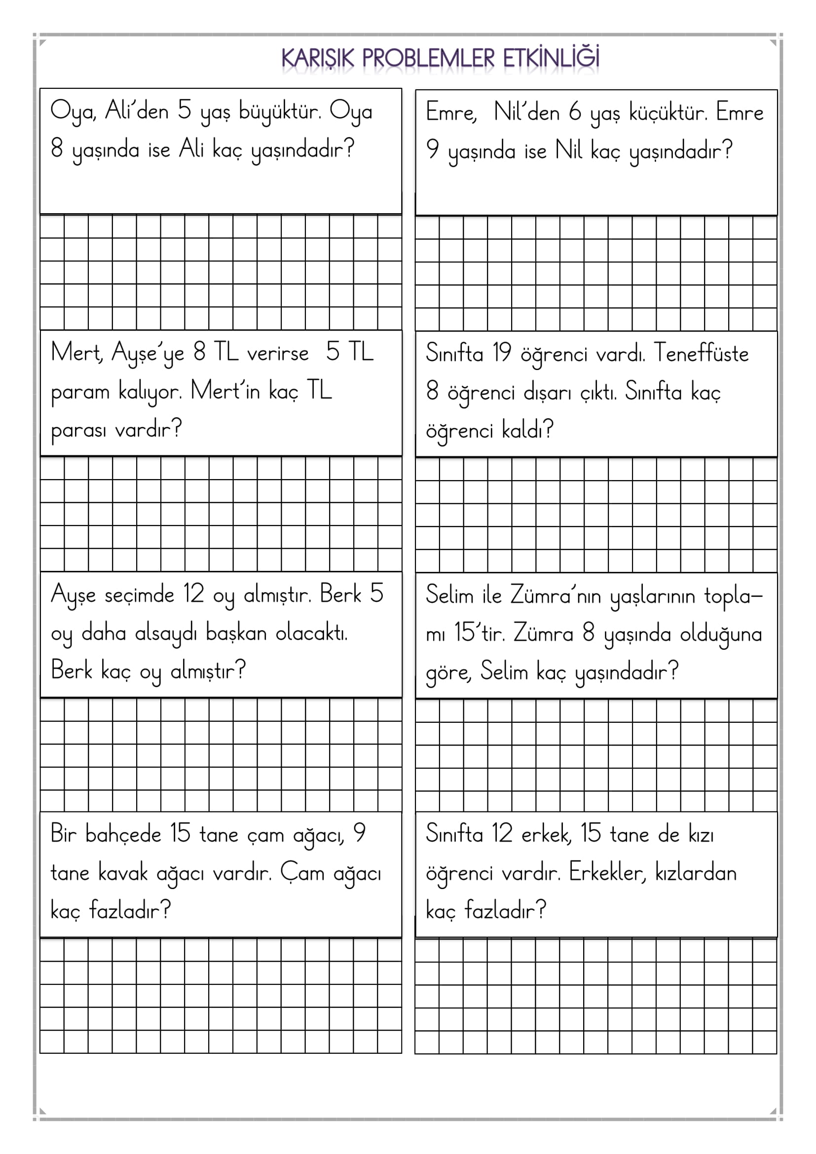 1. Sınıf Matematik Karışık Problemler Etkinliği