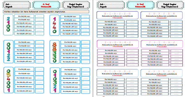 4. Sınıf Matematik Doğal Sayılarda Sayı Oluşturma Etkinliği 2