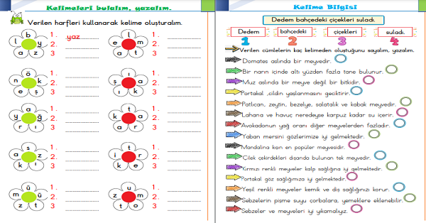 1. Sınıf Türkçe Kelime Oluşturma ve Kelime Sayısı