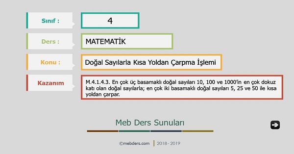 4. Sınıf Matematik Doğal Sayılarla Kısa Yoldan Çarpma Sunusu
