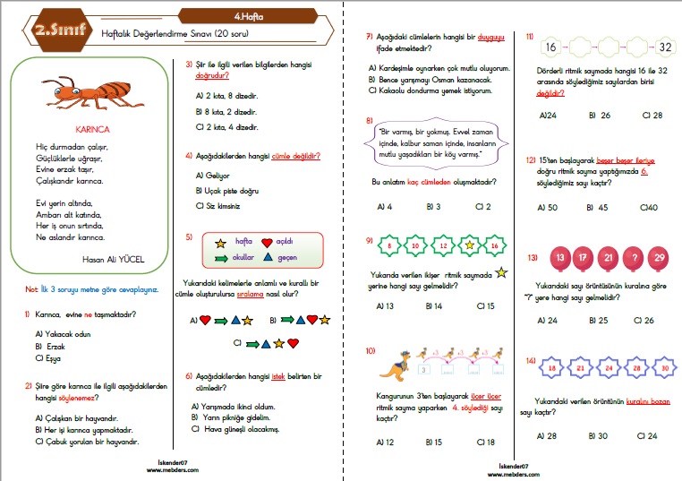 2. Sınıf Haftalık Değerlendirme Testi-4.Hafta(27 Eylül-1 Ekim)