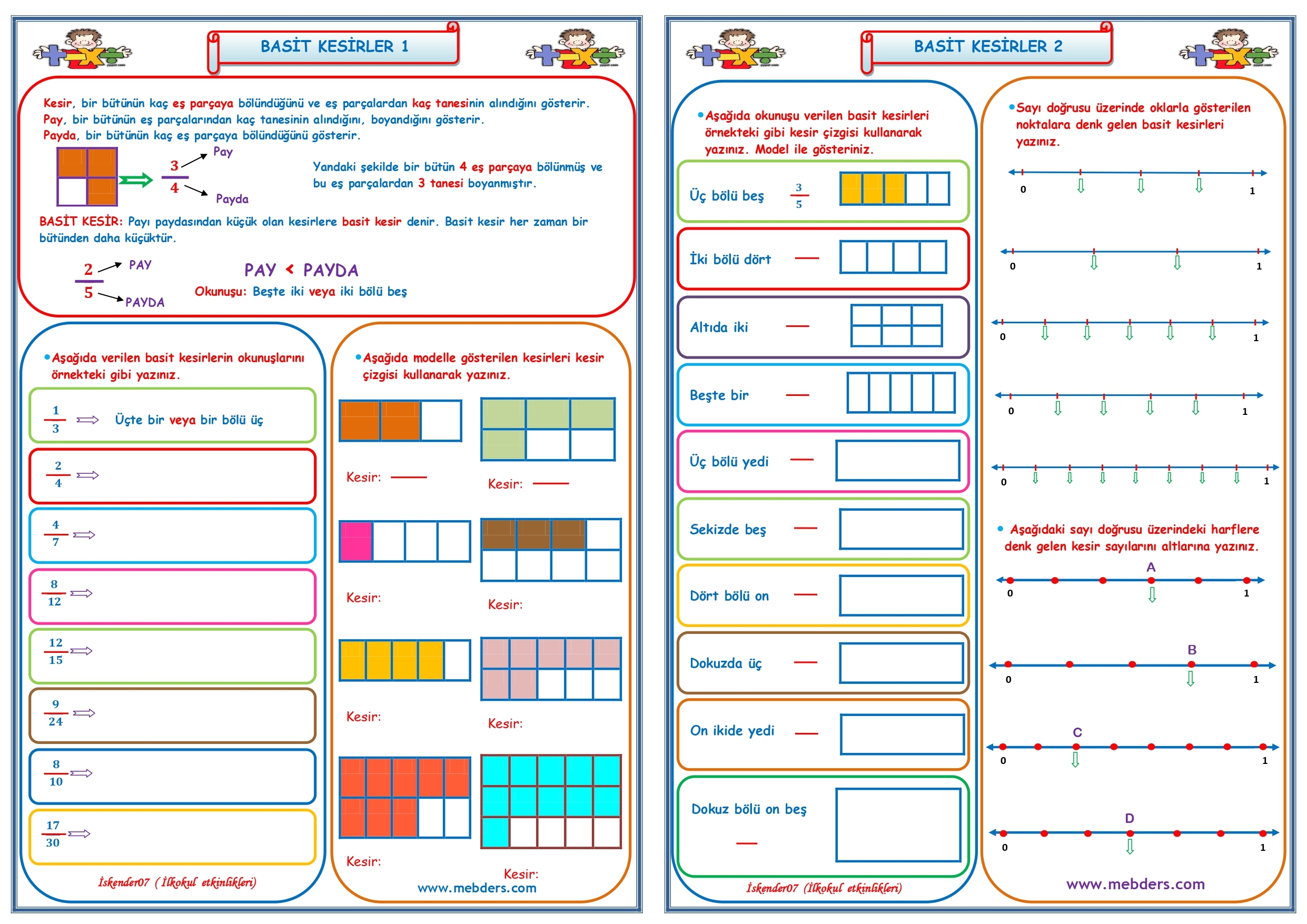 4. Sınıf Matematik Basit Kesirler 1-2 (2 Sayfa)