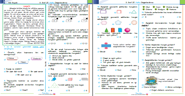 3. Sınıf Haftalık Kazanım Değerlendirme Testi 27. Hafta (06-10 Nisan)