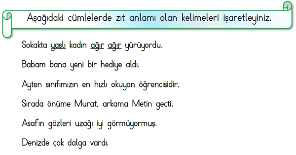 1. Sınıf Türkçe Zıt Anlamlı Kelimeler-3