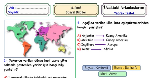 4. Sınıf Sosyal Bilgiler Uzaktaki Arkadaşlarım Yaprak Test 4