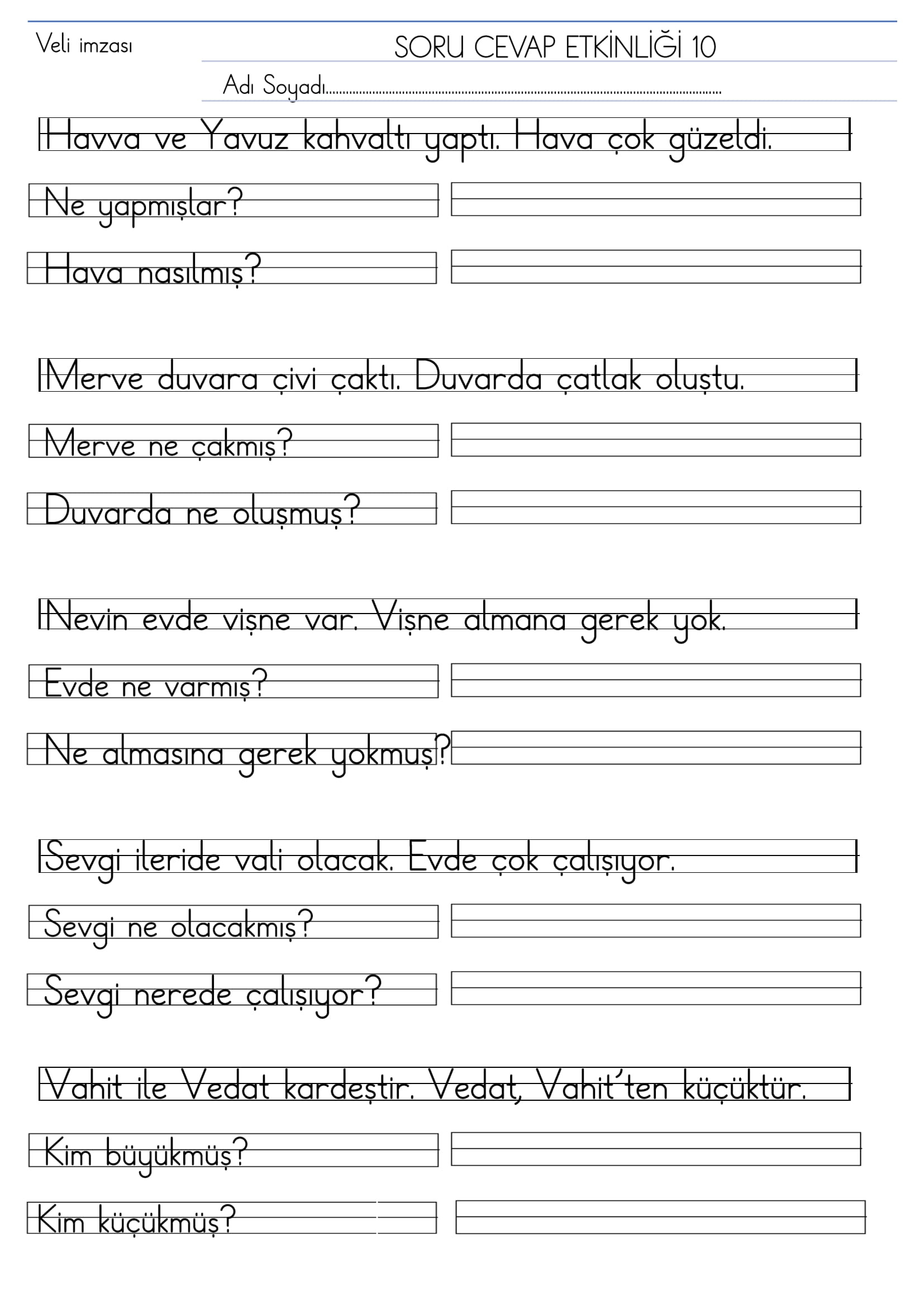 1. Sınıf İlk Okuma Yazma V Sesi Kısa Soru Cevap Etkinliği 10