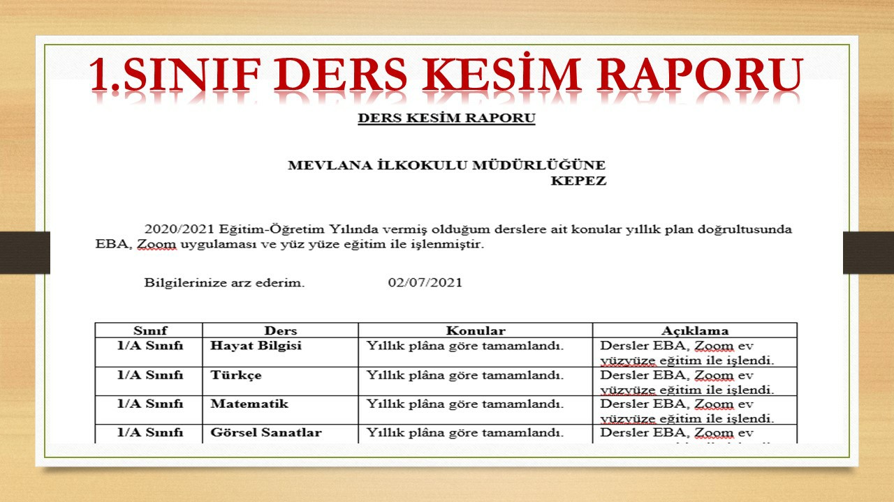 1. Sınıf Ders Kesim Raporu (2020-2021 Yılı Uzaktan ve Yüz Yüze Eğitime Uygun)