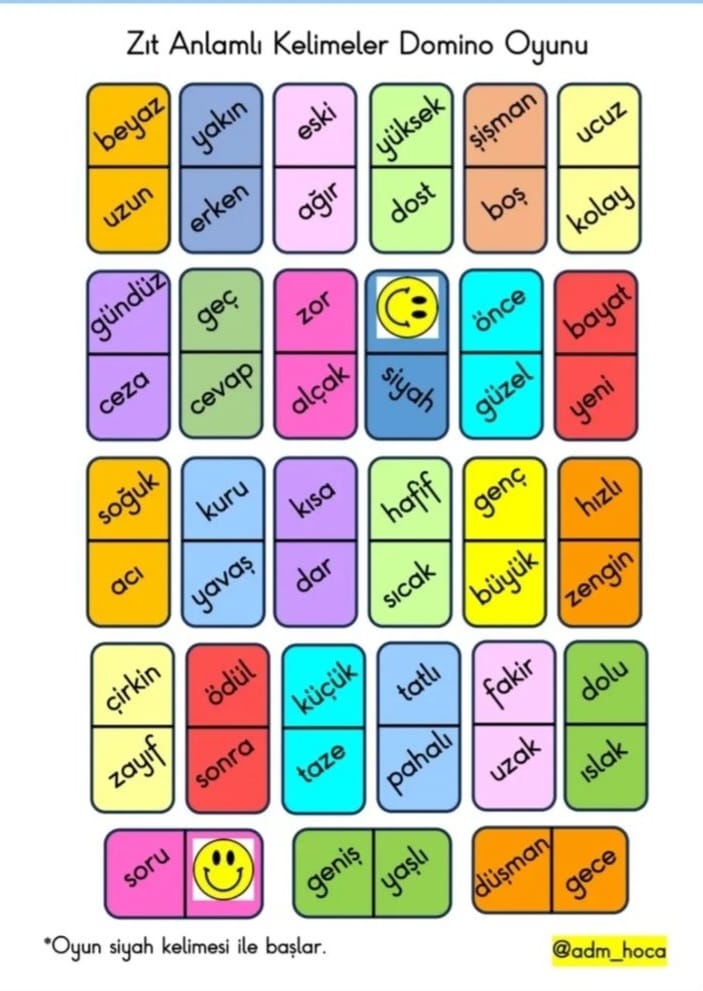 3. Sınıf Türkçe Zıt Anlamlı Kelimeler Domino Oyunu