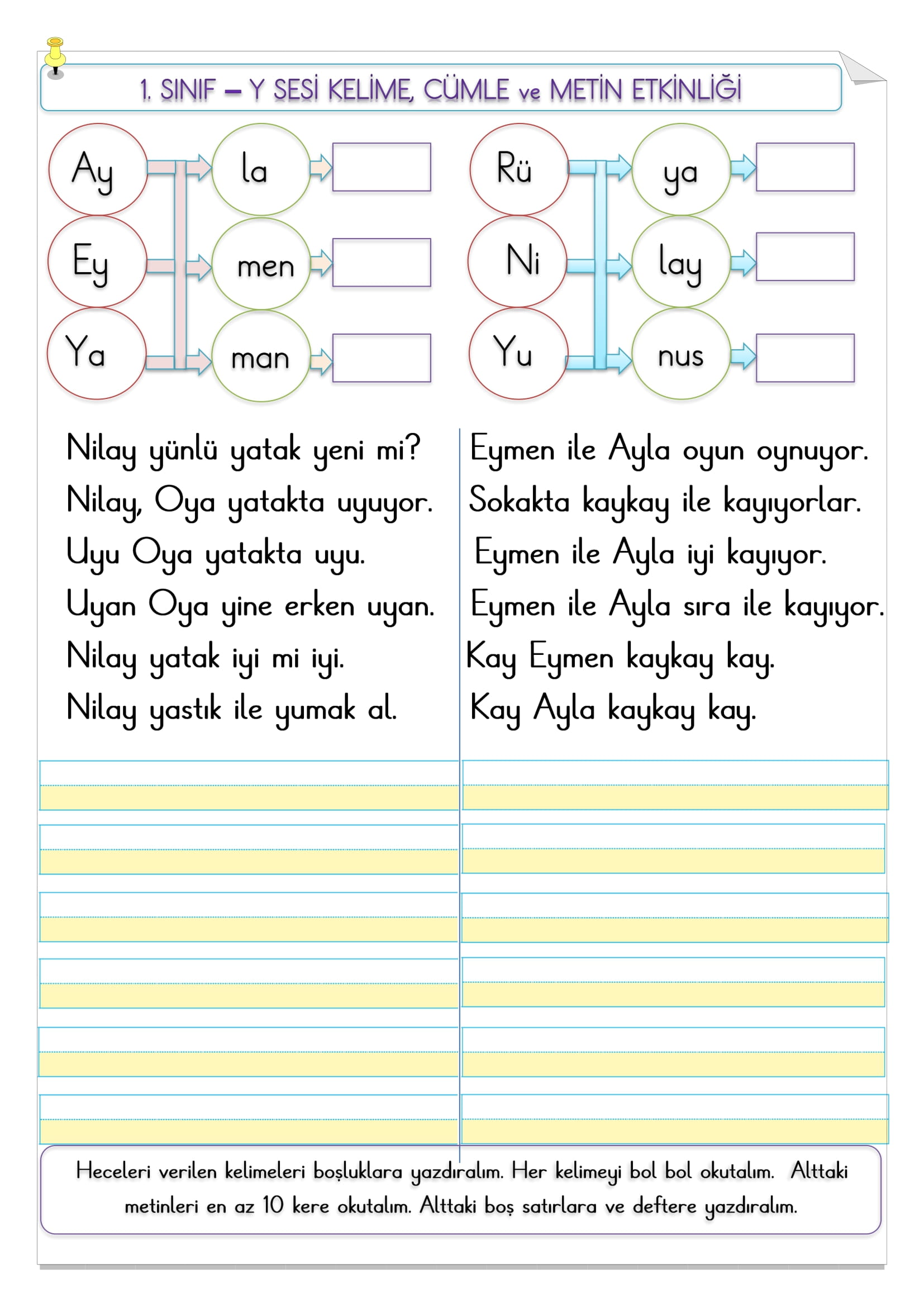 1. Sınıf  İlk Okuma Yazma Y Sesi Kelime, Cümle ve Metin Etkinliği