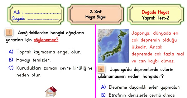 2. Sınıf Hayat Bilgisi Doğada Hayat-Yaprak Test-2