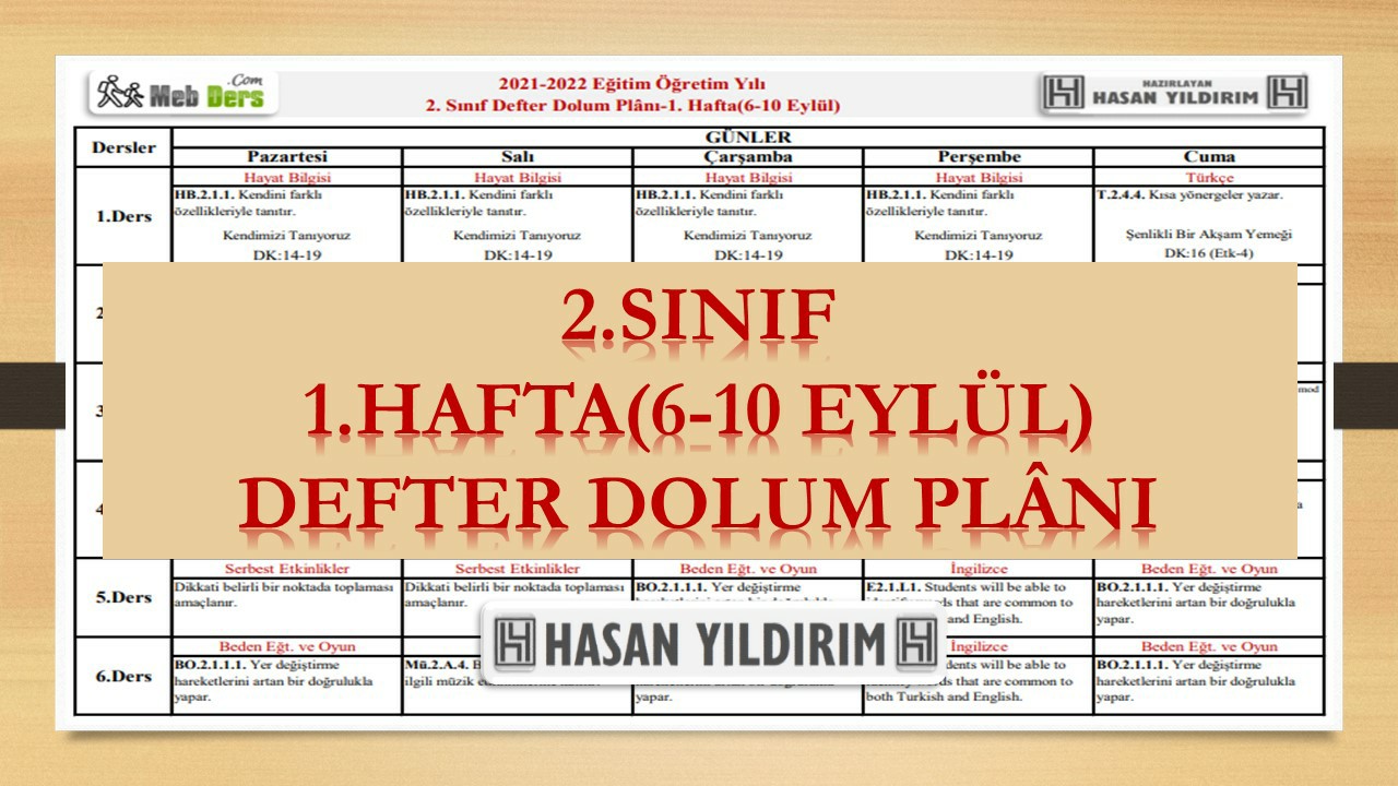 2. Sınıf 1.Hafta(6-10 Eylül) Defter Dolum Planı