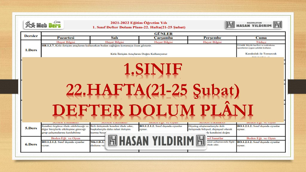 1. Sınıf 22.Hafta(21-25 Şubat) Defter Dolum Planı