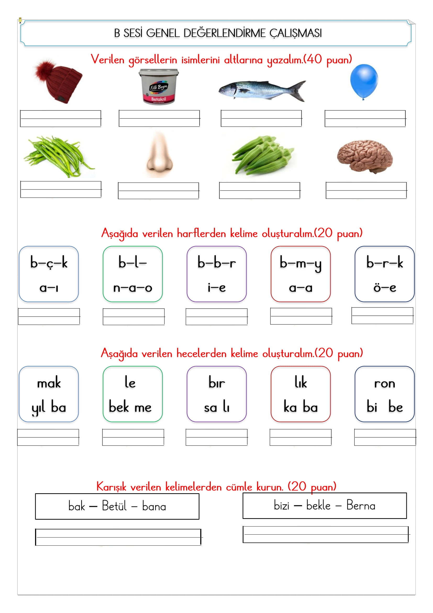 1. Sınıf İlk Okuma Yazma B Sesi Değerlendirme Çalışması 2