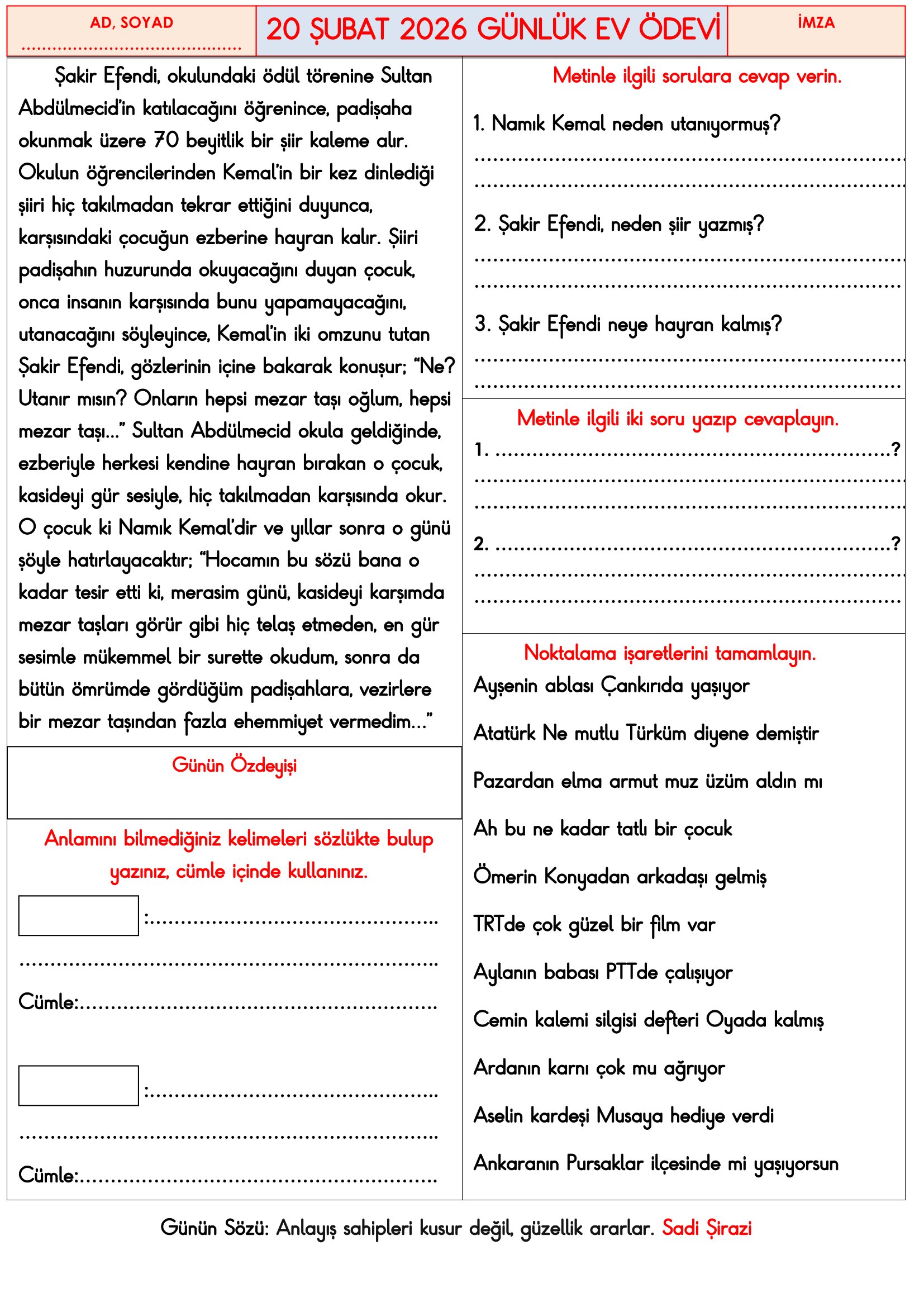 3. Sınıf - 20 Şubat 2026 Günlük Ev Ödevleri
