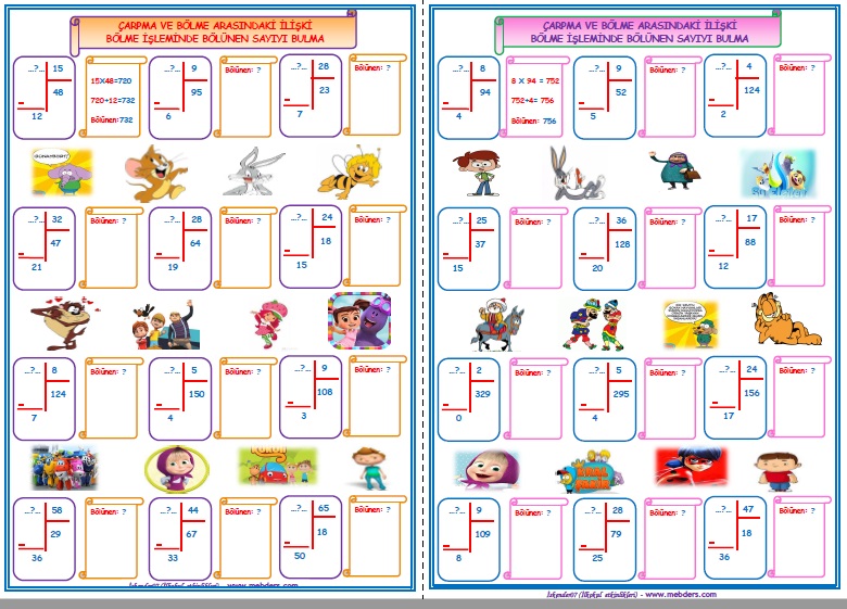 4. Sınıf Matematik Bölme İşleminde Bölünen Sayıyı Bulma (2 Sayfa)