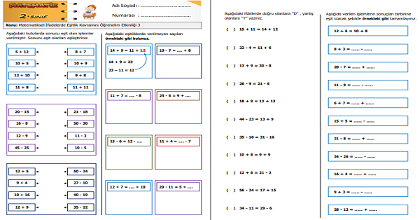 2. Sınıf Matematik Matematiksel İfadelerde Eşitlik Kavramını Öğrenelim Etkinliği 3