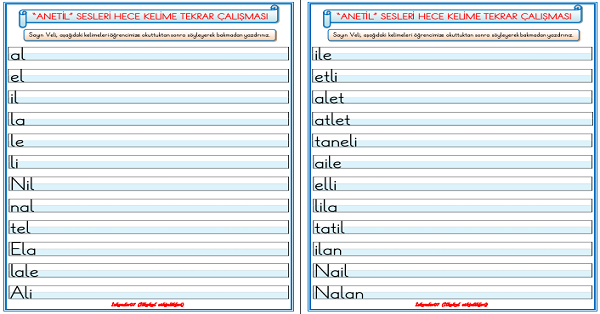 1. Sınıf İlk Okuma Yazma (A-N-E-T-İ-L) Sesleri Hece Kelime Tekrar Çalışması