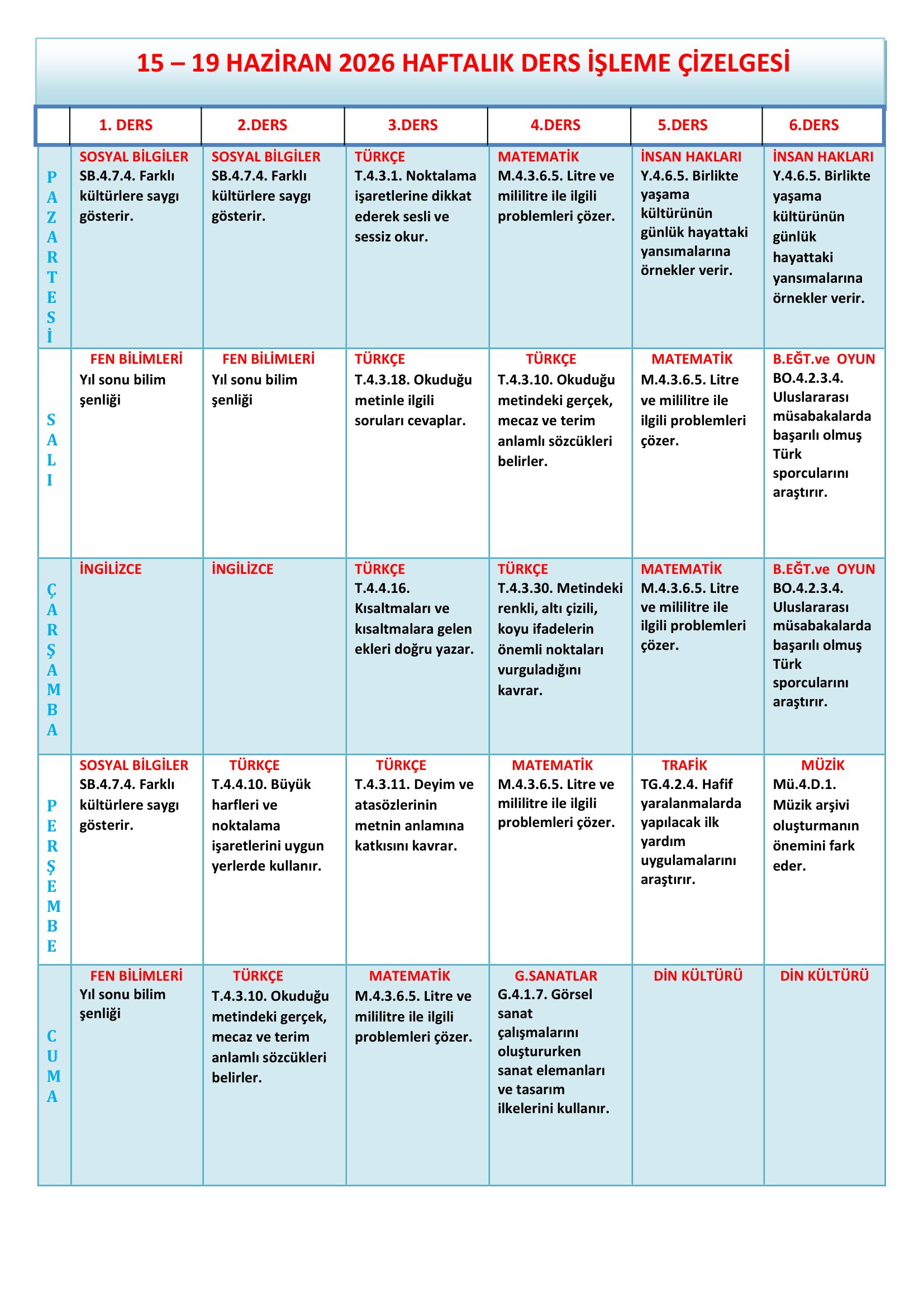 4. Sınıf 15 - 19 Haziran 2026 Haftalık Ders İşleme Çizelgesi.doc