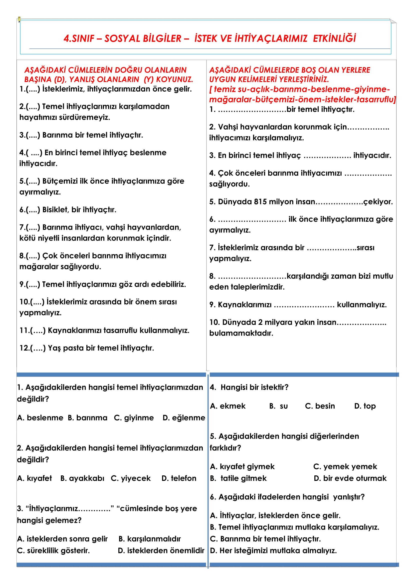4. Sınıf Sosyal Bilgiler İstek ve İhtiyaçlarımız Etkinliği