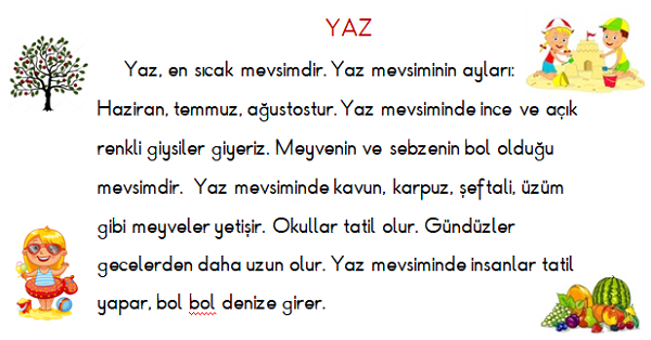 1. Sınıf Türkçe İlkbahar ve Yaz Mevsimi Okuma ve Anlama Etkinliği