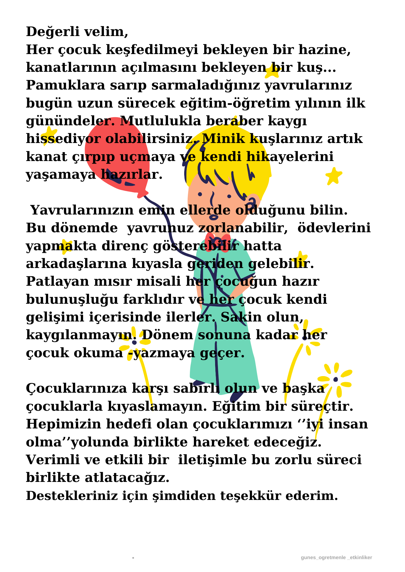 1. Sınıf Veliye Mektup