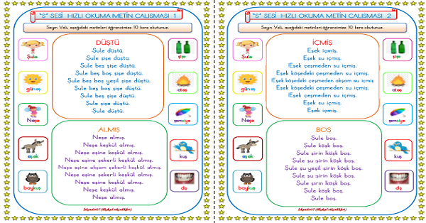 1. Sınıf İlk Okuma Yazma Ş Sesi Hızlı Okuma Çalışmaları