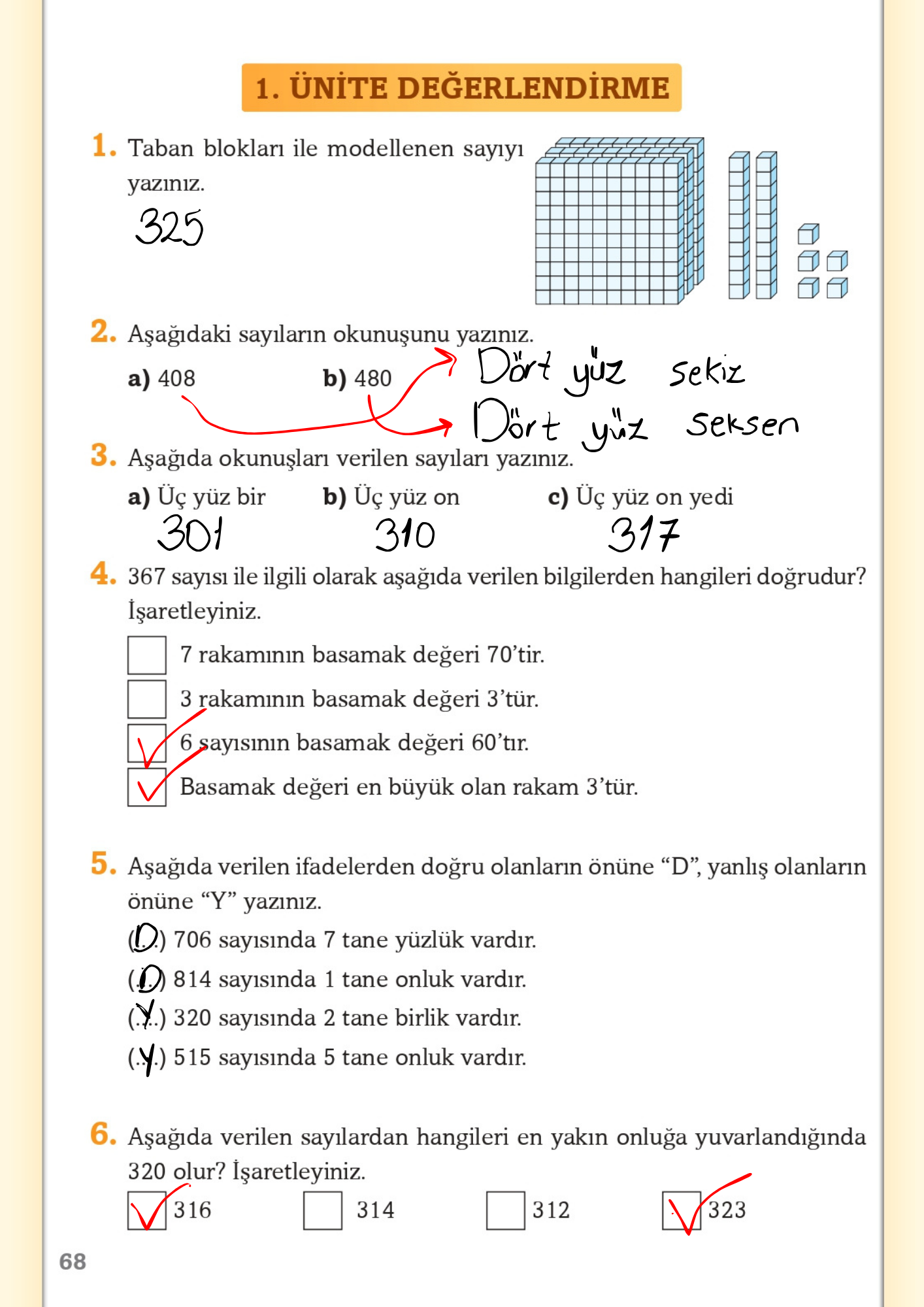 3. Sınıf Matematik Ekoyay Yayınları 1. Ünite Değerlendirmesi Cevapları