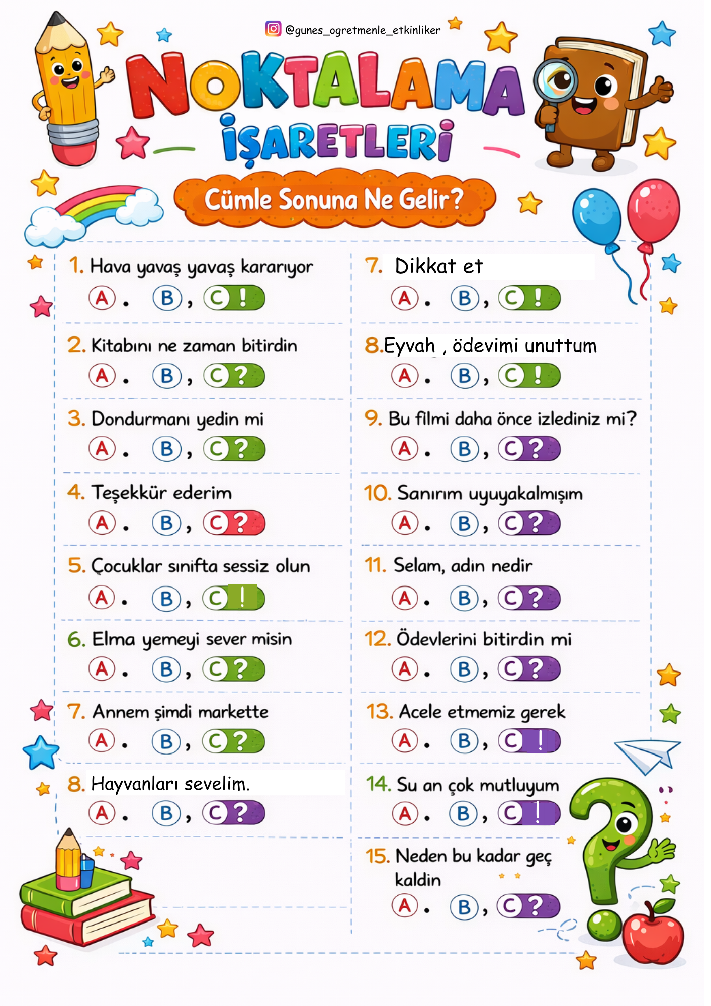 1. Sınıf Türkçe Noktalama işaretleri (Cevaplı) 1