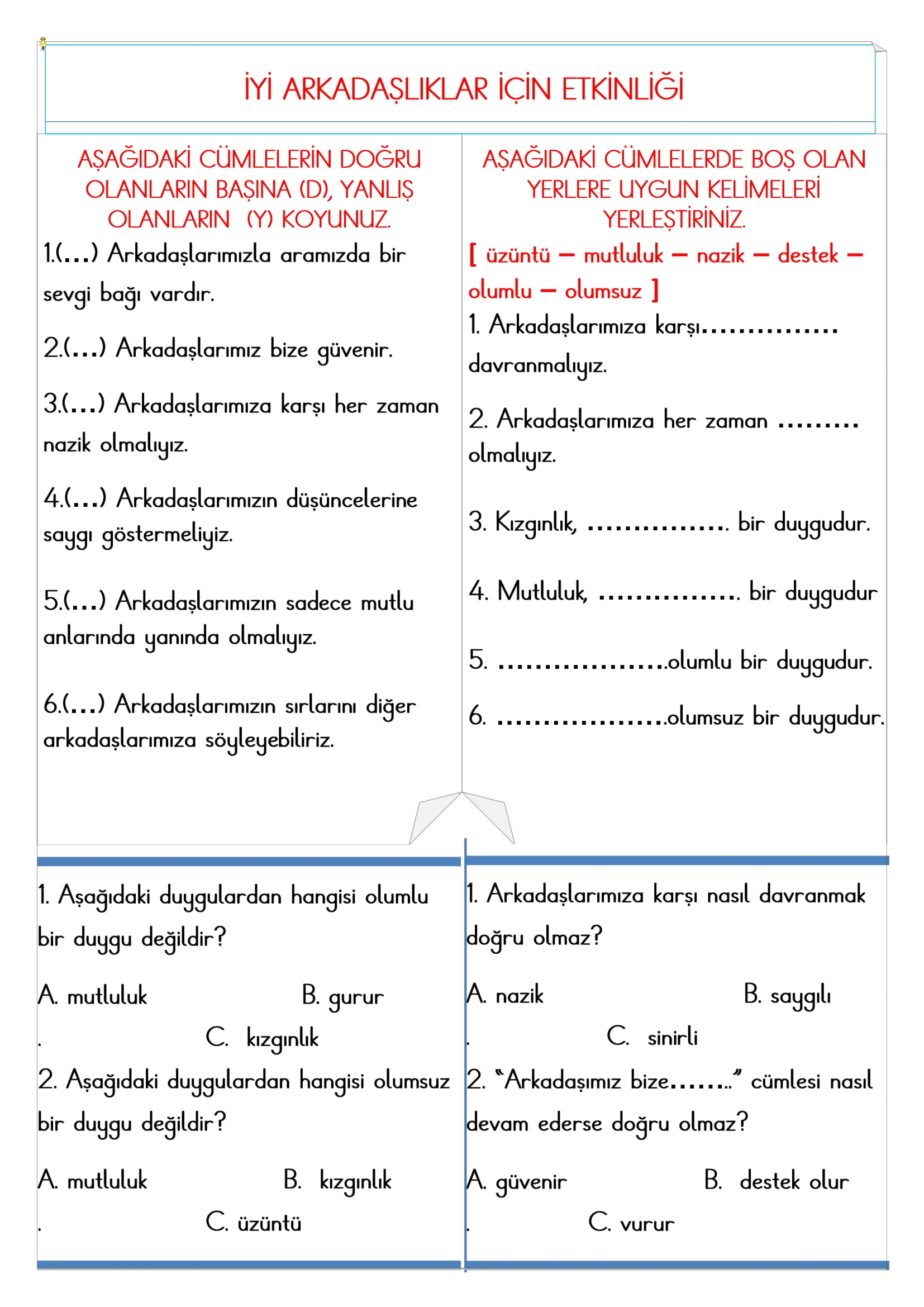 2. Sınıf - Hayat Bilgisi İyi Arkadaşlıklar İçin Etkinliği