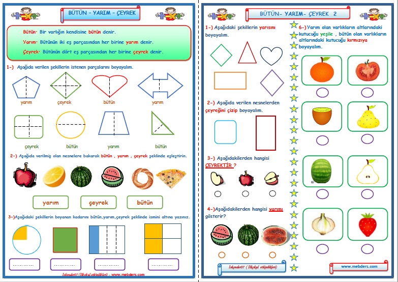 2. Sınıf Matematik Kesirler Bütün-Yarım-Çeyrek Çalışması 1-2 (2 Sayfa)