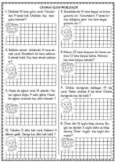 1. Sınıf Matematik Çıkarma İşlemi Problemleri Etkinliği 4