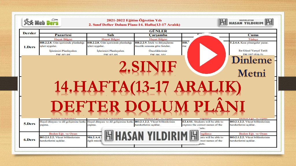 2. Sınıf 14.Hafta(13-17 Aralık) Defter Dolum Planı