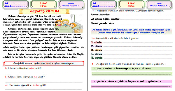 1. Sınıf Türkçe Cümle Bilgisi-Okuma Anlama (4 Sayfa)