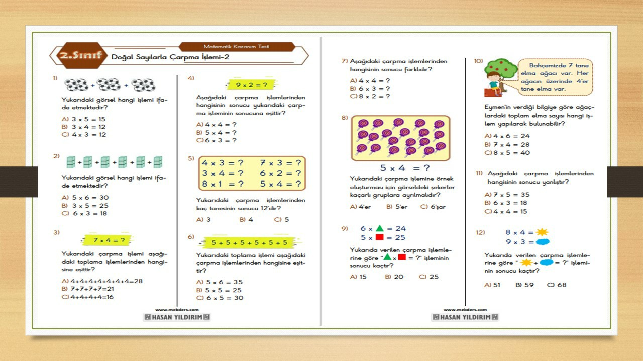 2. Sınıf Matematik Doğal Sayılarla Çarpma İşlemi Testi-2
