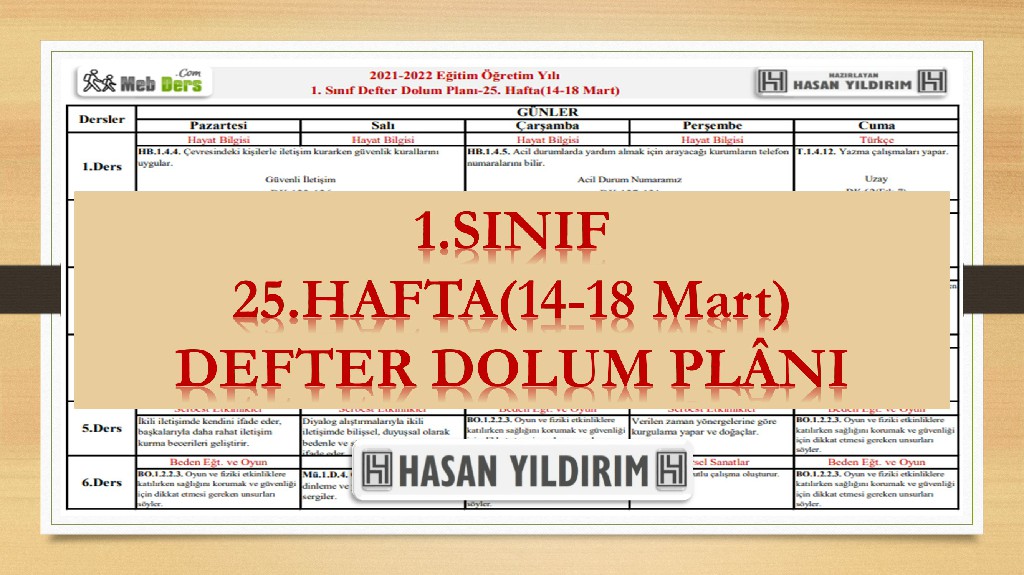 1. Sınıf 25.Hafta(14-18 Mart) Defter Dolum Planı
