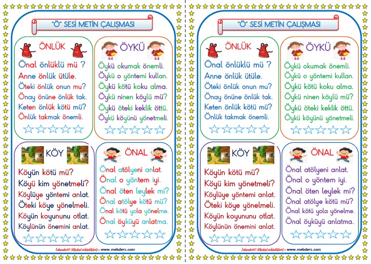 1. Sınıf Ö-ö Sesi Metin Çalışması (4 Farklı METİN)