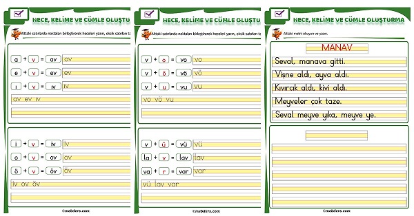 1. Sınıf İlk Okuma V Sesi Birleştirme Etkinliği
