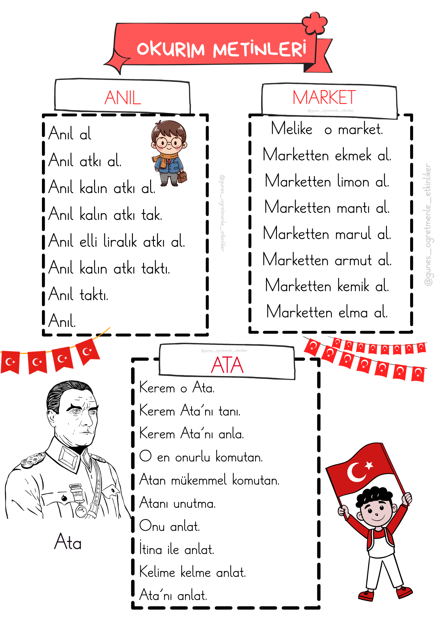 1. Sınıf İlk Okuma Yazma O,k,u,r,ı,m Hece Tablosu ve Metinleri