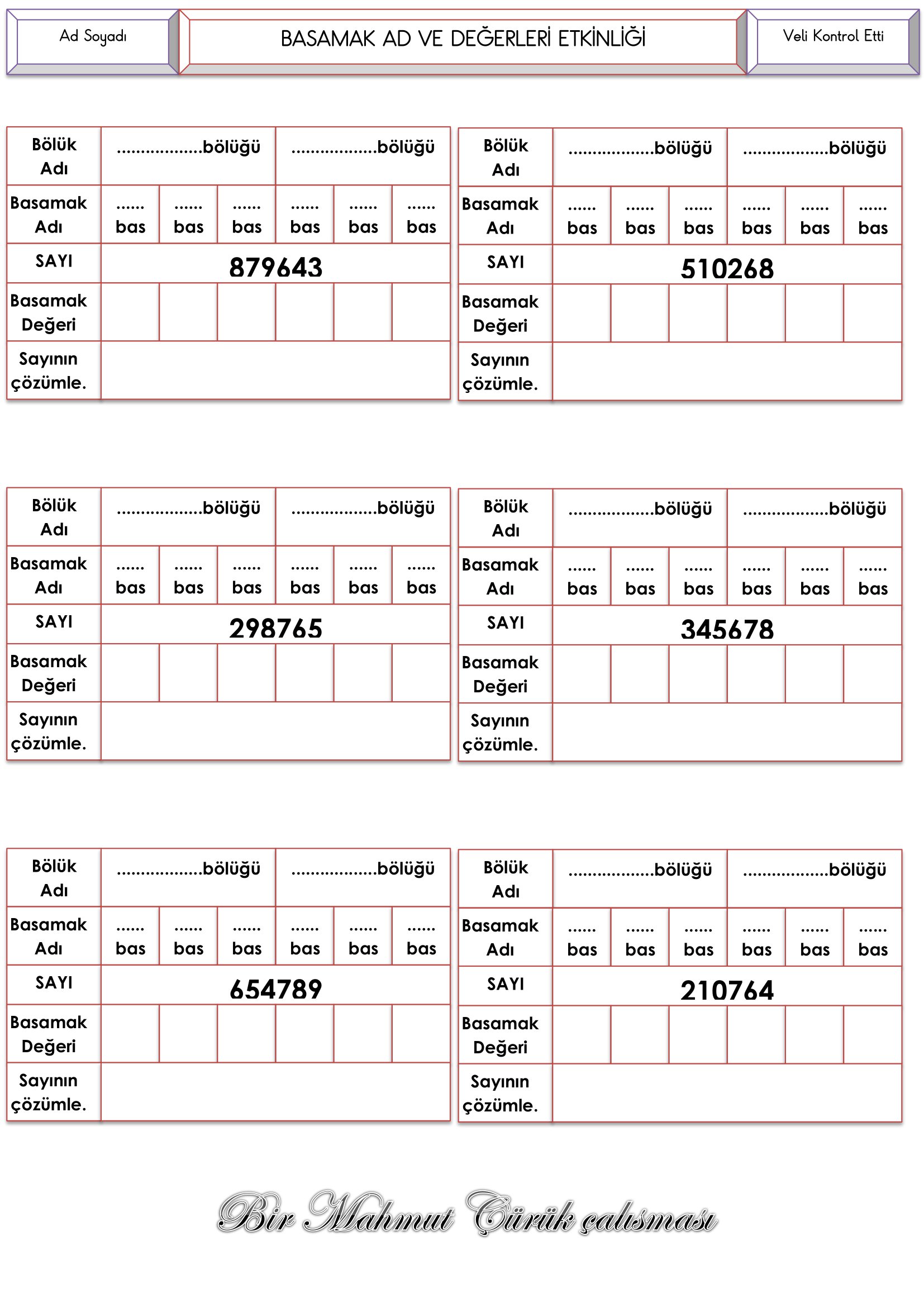 4. Sınıf Matematik 4.5.6. Basamaklı Sayıların Basamak Ad ve Değerleri Etkinliği