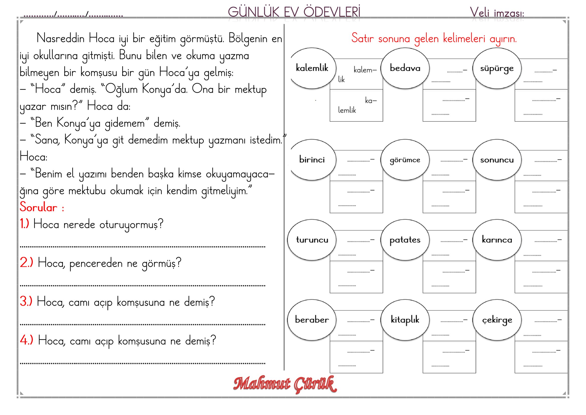 1. Sınıf - 03 Haziran 2026 Günlük Ev Ödevleri