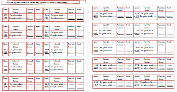 3. Sınıf - Matematik Toplamada Tahmin Etme Etkinliği