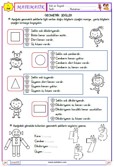 1. Sınıf Matematik Geometrik Şekiller Etkinliği 6