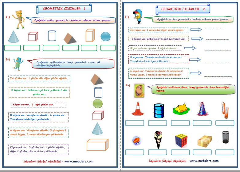 2. Sınıf Matematik Geometrik Cisimler 1-2 (2 Sayfa)
