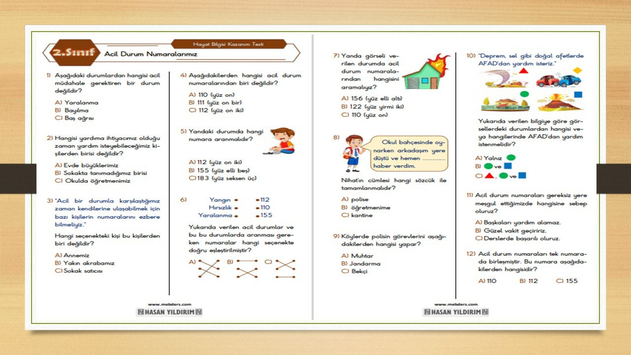 2. Sınıf Hayat Bilgisi Acil Durum Numaralarımız Testi